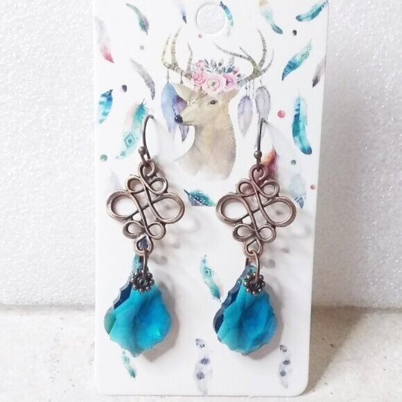 Teal Blue Fancy Cut Glass Drop Earrings - Blue & Copper! Dress Up + Feel Sexy! - Picture 9 of 9